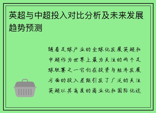 英超与中超投入对比分析及未来发展趋势预测 英超与中超投入对比分析及未来发展趋势预测